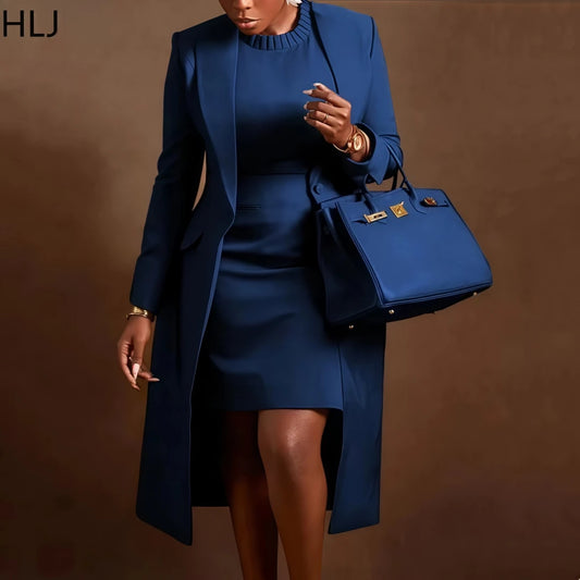 Elegant Office Lapel Long Sleeve Coat And Slim Dress Outfit Female Clothing